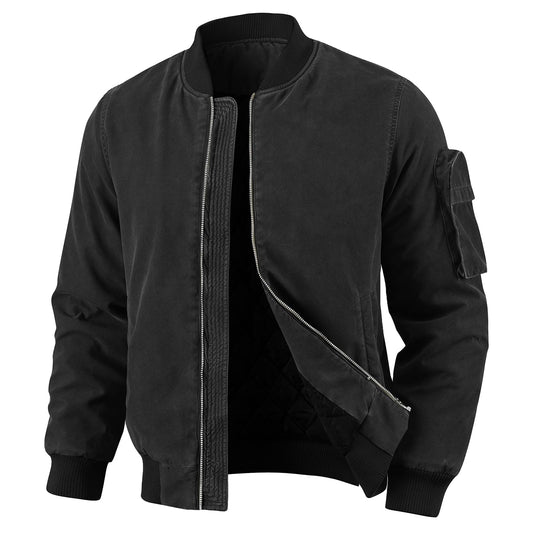 Oymyakon Mens Vintage Bomber Jacket Washed Fall Winter Warm Military Jackets Casual Padded Coats Windbreakers Black M