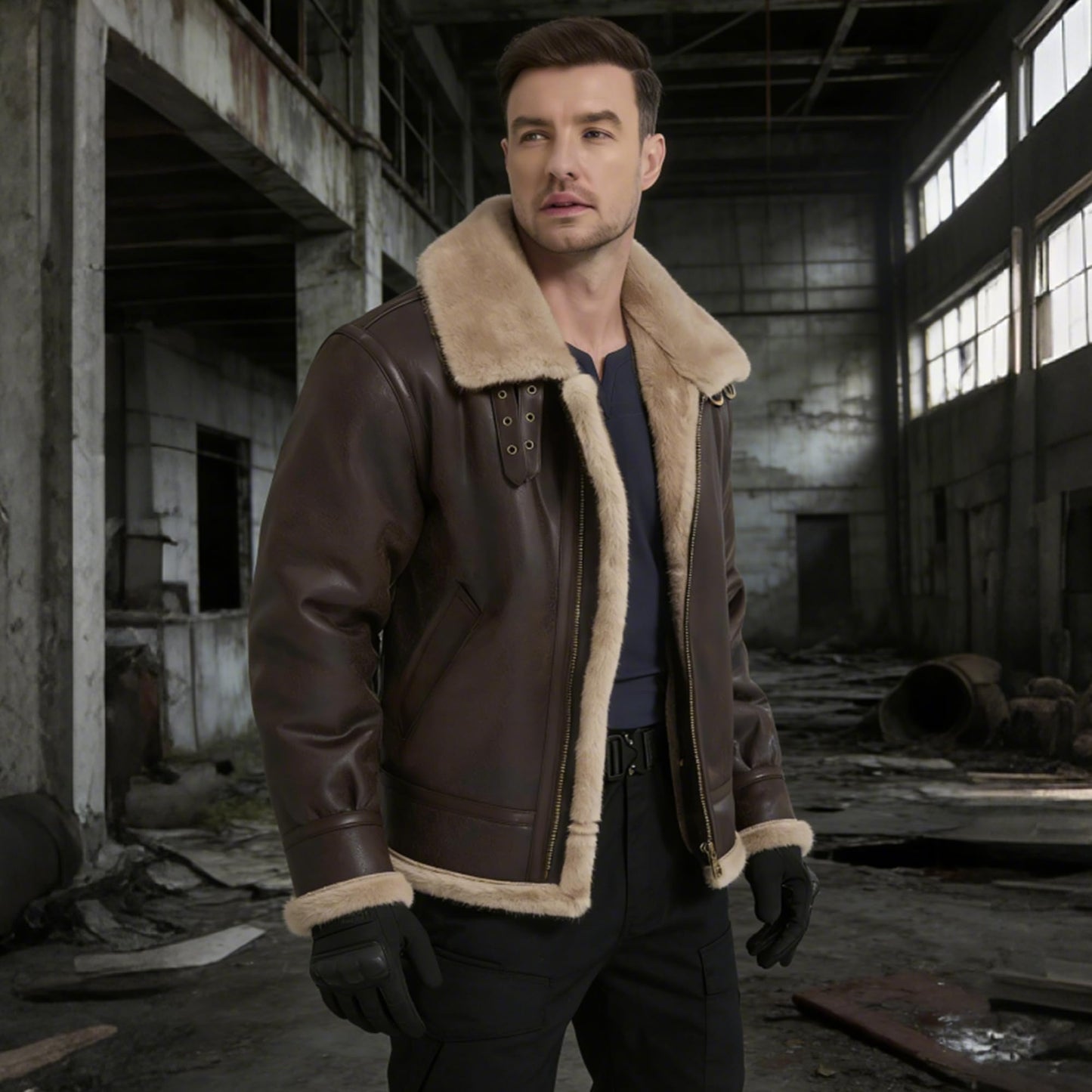 Mifidy Men Flight Jacket, Soft Warm Fur Brown Leather Comfort Shearling Durable Motorcycle Bomber Cosplay Comic Con Costume Leon Kennedy Outdoor Coat Gift Medium