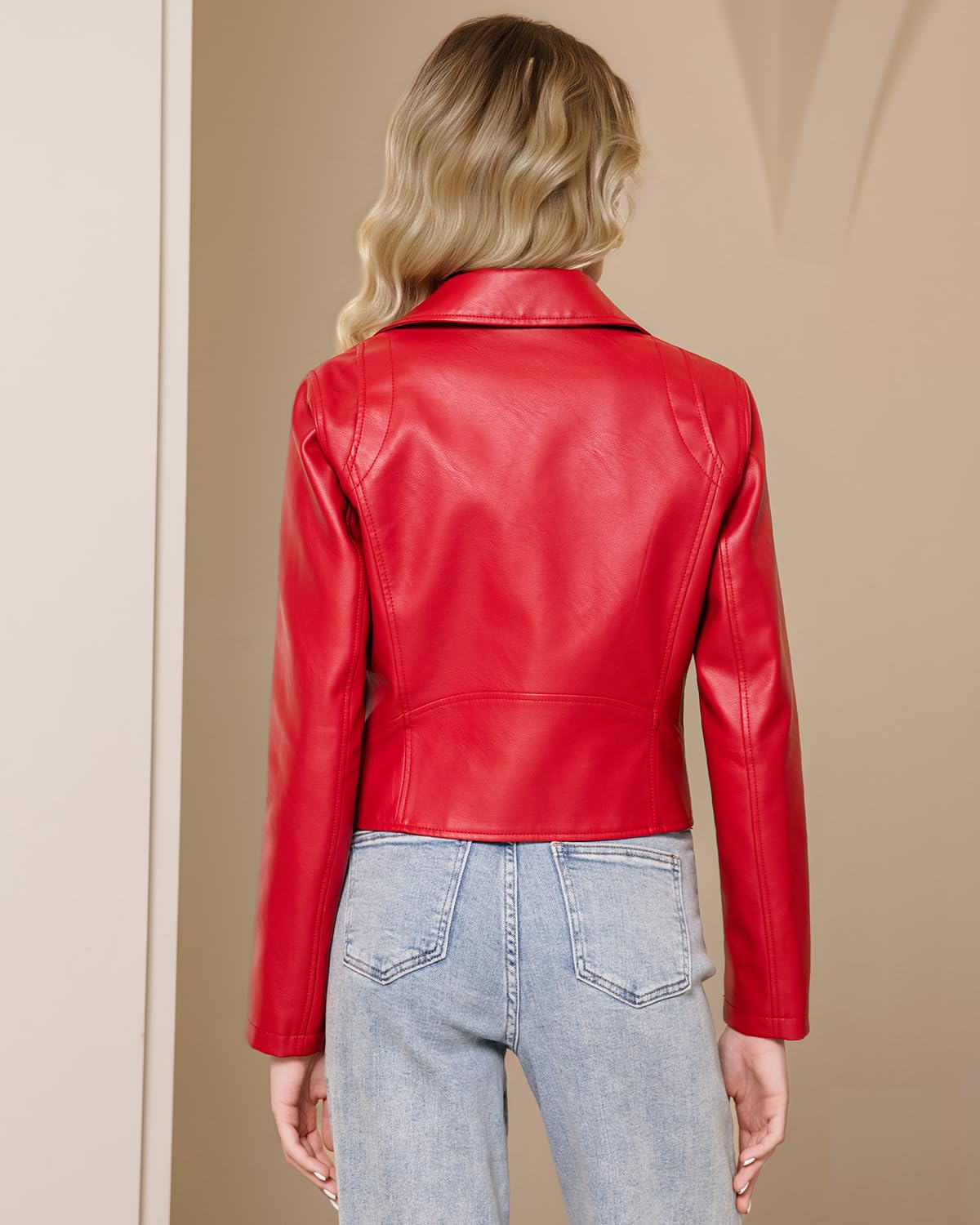 WYOYW Faux Leather Jacket For Women PU Cropped Moto Biker Coat Zip Up Slim Motorcycle Jacket Red S