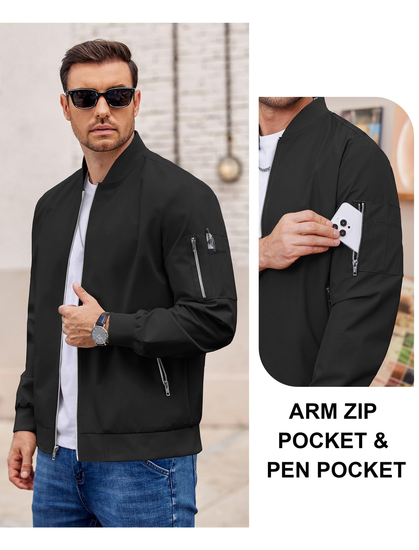 COOFANDY Black Bomber Jacket Lightweight Casual Windbreaker Spring Fall Zip Up Jackets Polyester Coat With Pocket L