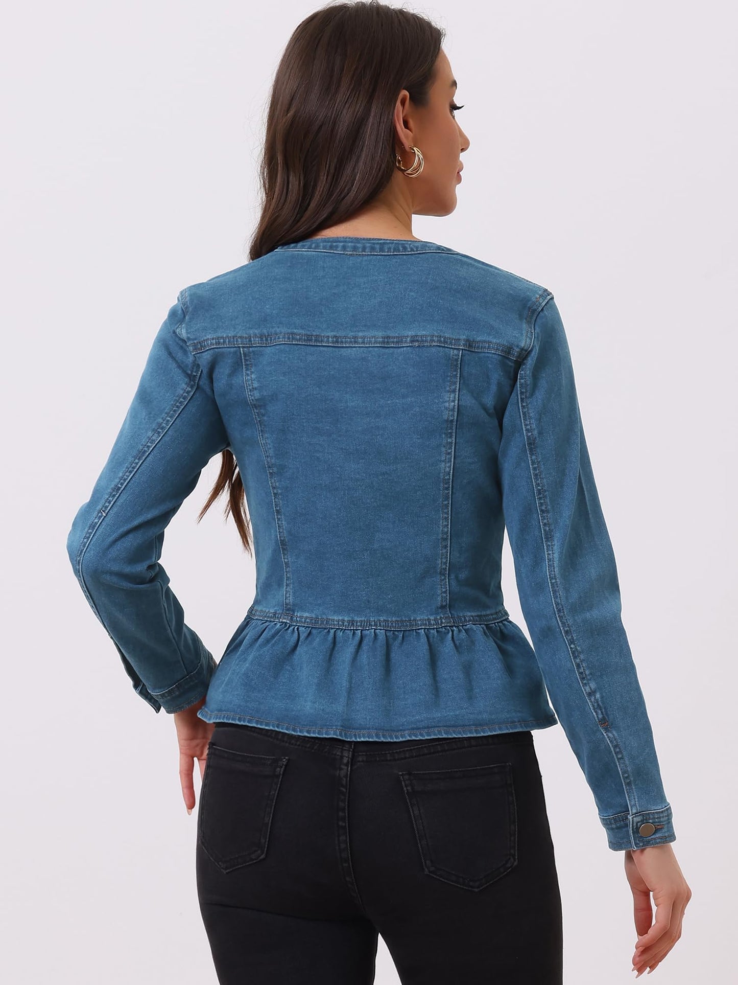 Allegra K Women's Peplum Denim Jacket Collarless Ruffle Hem Jacket