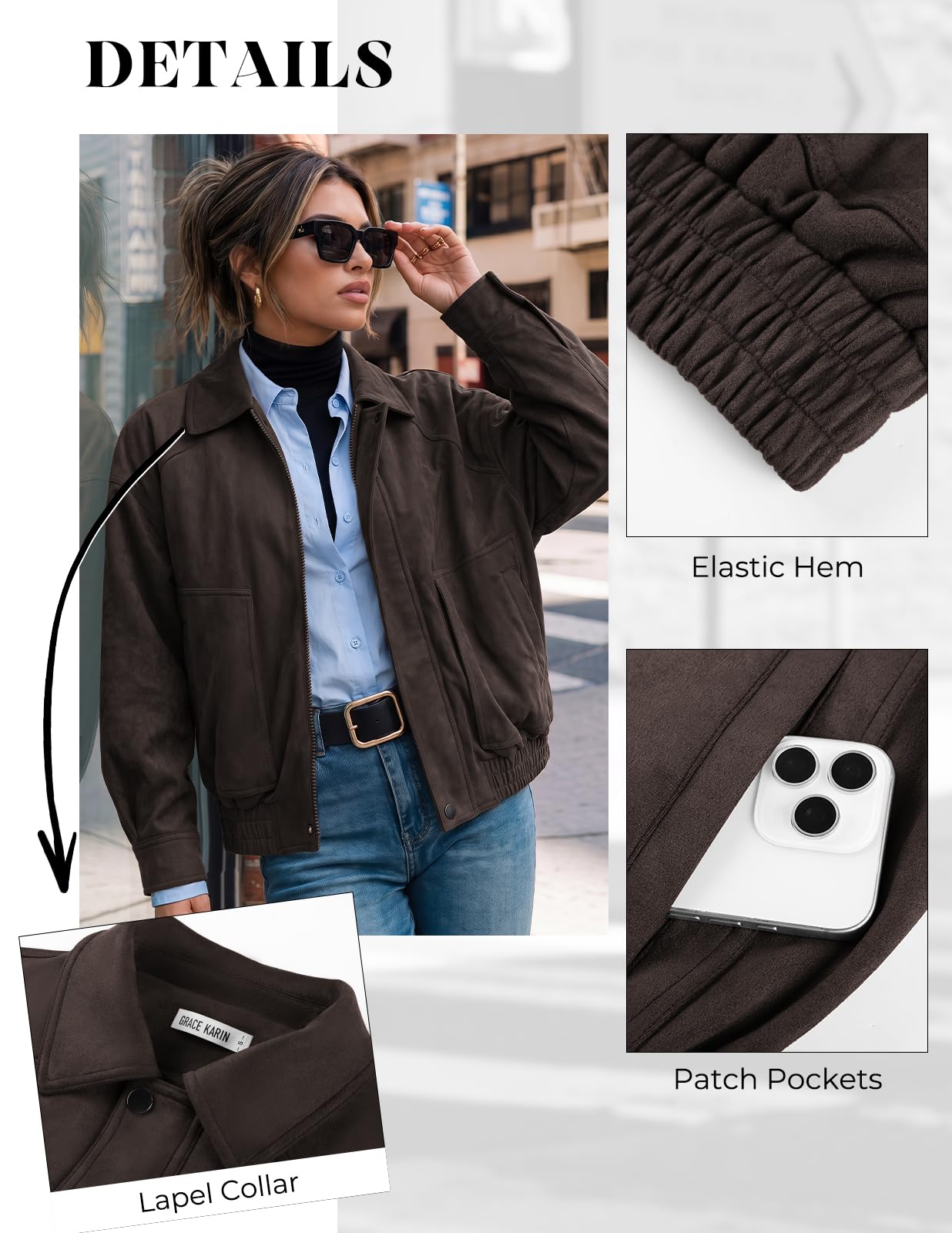 GRACE KARIN Women's Faux Suede Jacket Fall Long Sleeve Coat Coffee XL