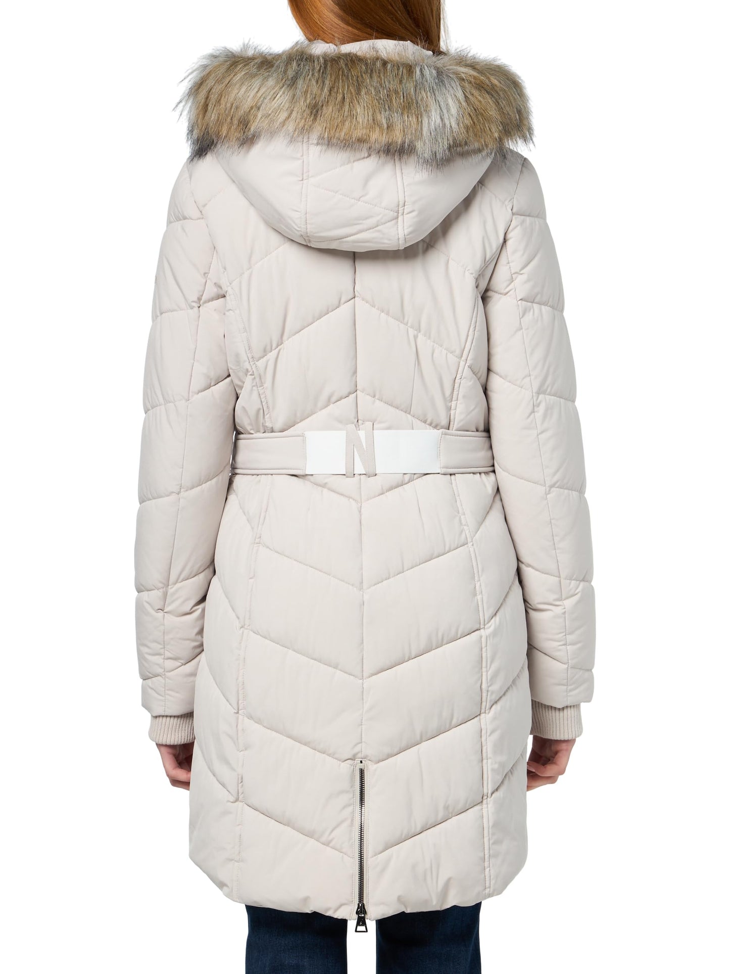Nautica Women's Stretch Belted Puffer Jacket – Heavyweight Winter Coat Faux Fur Hood, Storm Cuffs, Limestone, Large