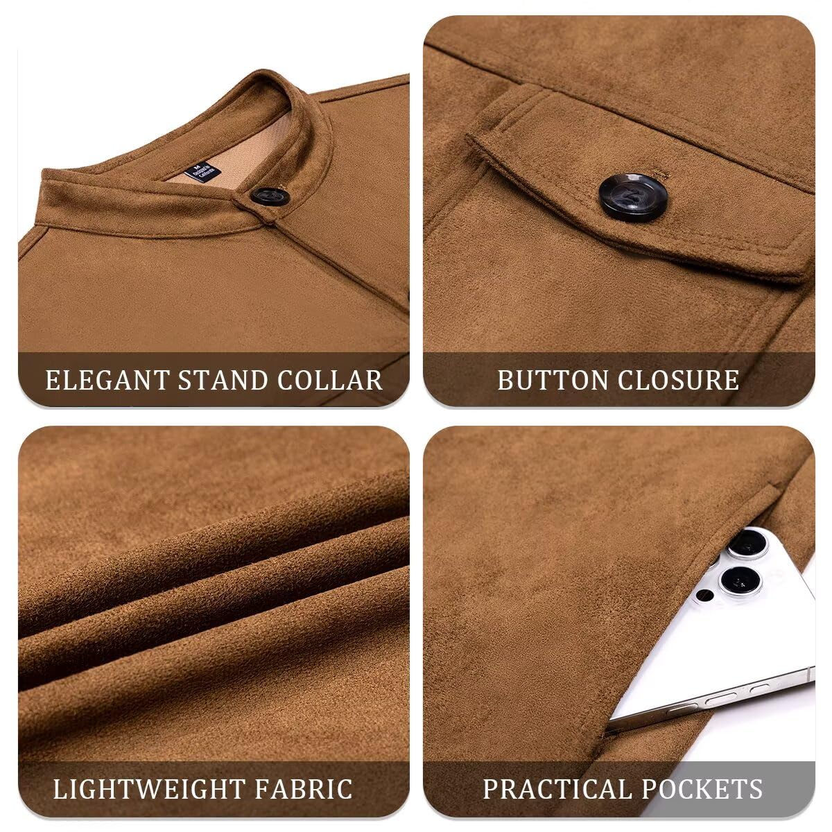 Men's Vintage Trucker Suede Leather Jacket Lightweight Casual Western Blazer Shirt Style Coat (Khaki，XL