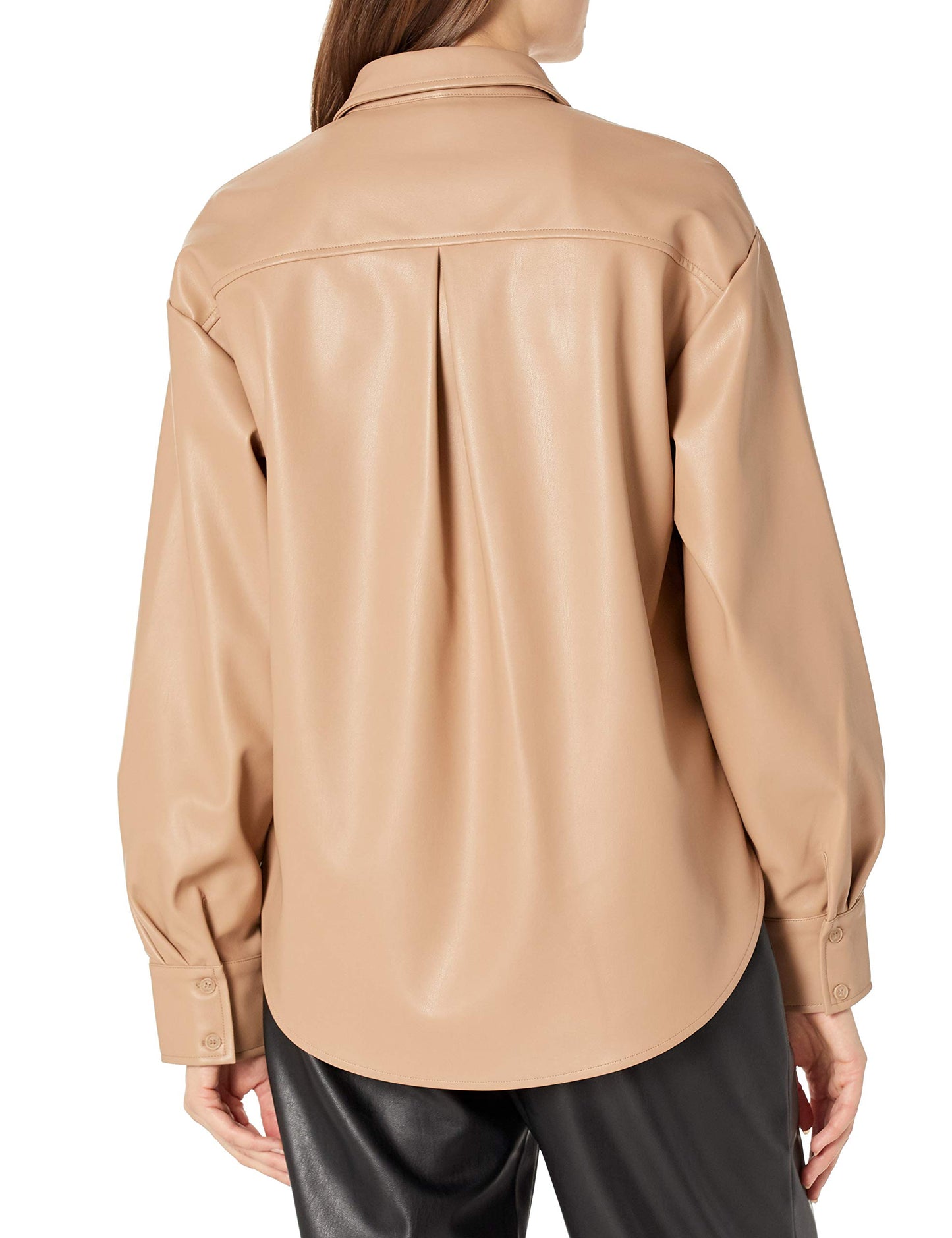 The Drop Women's @lisadnyc Faux Leather Long Shirt Jacket, Camel, S