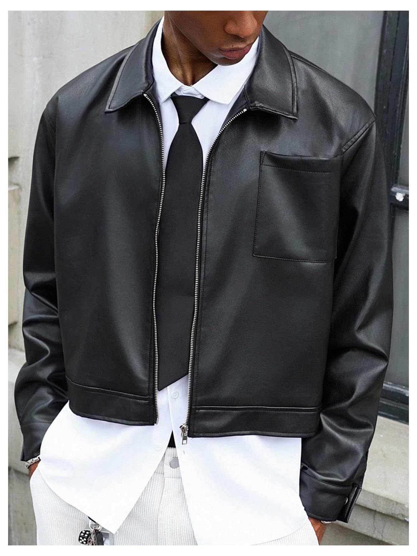 BEAUDRM Men's Faux Leather Jacket Long Sleeve Zip Up Collared Crop Biker Motorcycle Lightweight Coat Outerwear Solid Black Medium