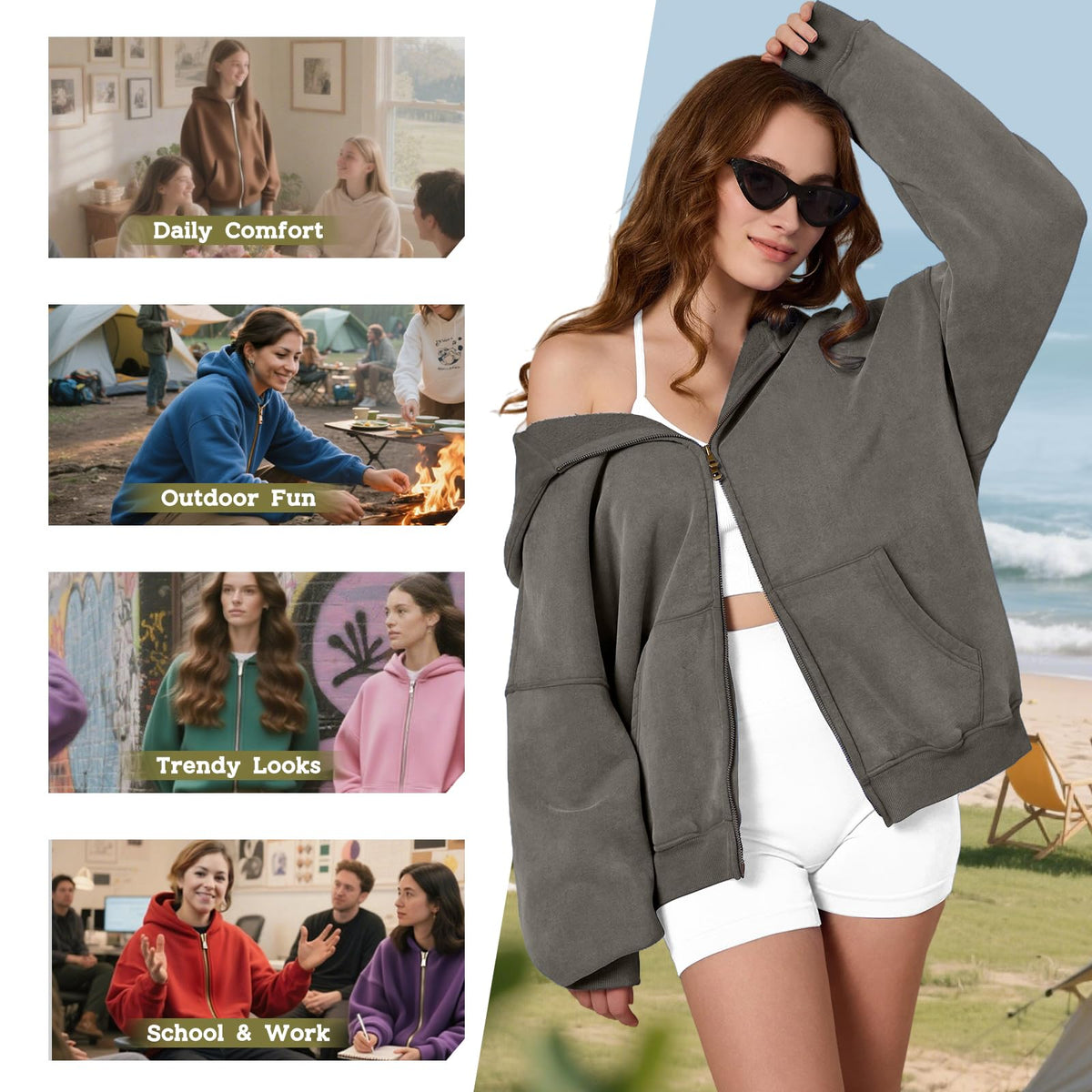 Dnzzs Womens Zip Up Hoodie Oversized Acid Wash Sweatshirts Heavyweight Fall Fashion Outfits Casual Jackets Winter Clothes,Grey,Medium