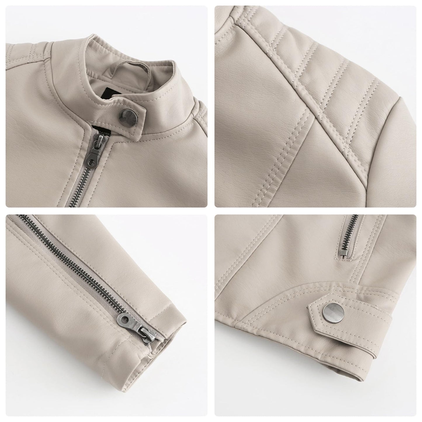 DEAR MODEL Faux Leather Jacket Women Bomber Jacket Women's Belted Motorcycle Jacket,Cream,M