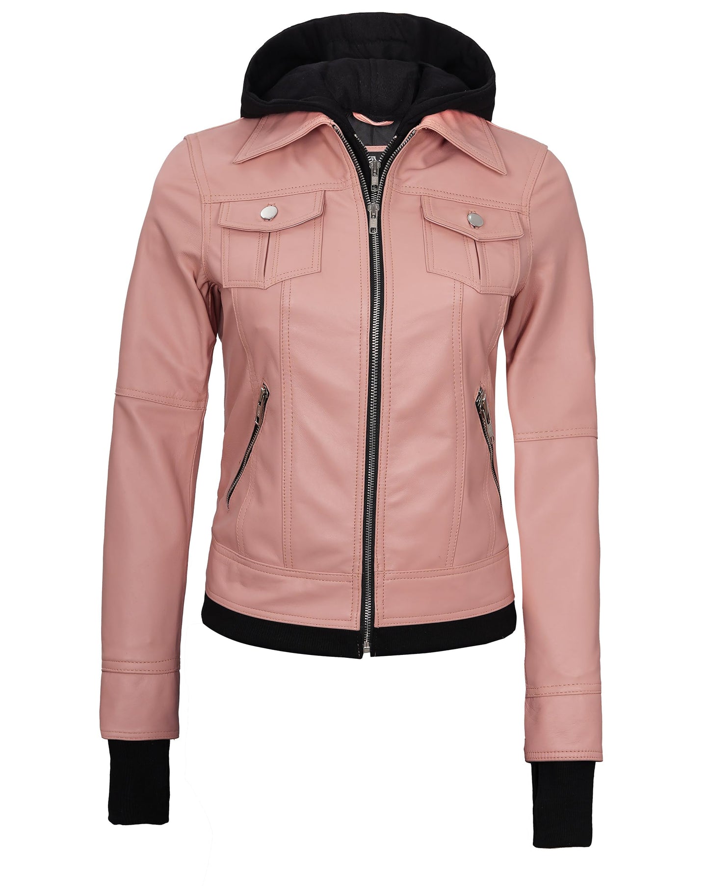 Blingsoul Real Leather Jacket Women- Black Leather Jacket for Women | [1323873] Betty Hooded Pink, M