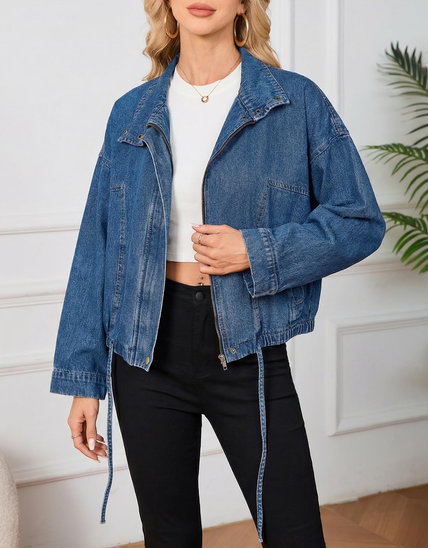 Ladyful Women's Oversized Jean Jacket Boyfriend Denim Bomber Jackets Shacket Long Sleeve Casual Trendy Zip Up Shirt Coat(Blue-XL)