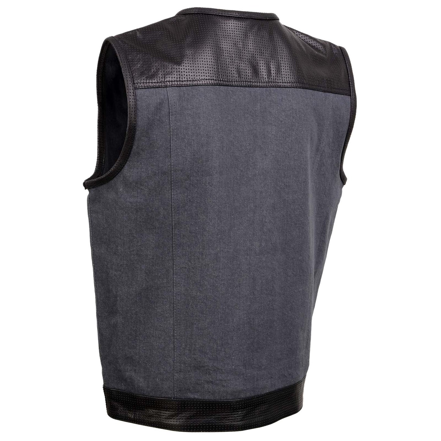 Milwaukee Leather MDM3005 Men's Brute Grey Denim w/Black Perforated Leather Club Style Vest w/Hidden Dual Closure - XXX-Large