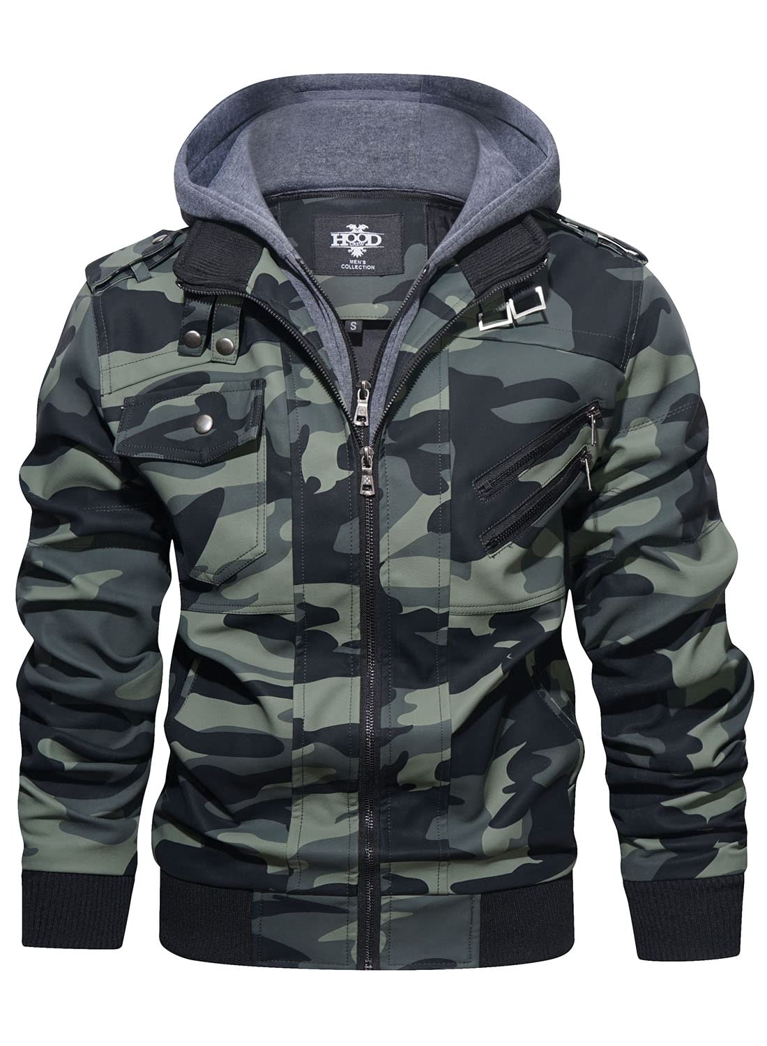 HOOD CREW Men’s Casual Stand Collar PU Faux Leather Zip-Up Motorcycle Bomber Jacket With a Removable Hood Camouflagegreen L