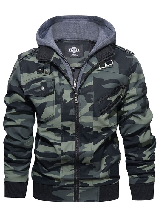 HOOD CREW Men’s Casual Stand Collar PU Faux Leather Zip-Up Motorcycle Bomber Jacket With a Removable Hood Camouflagegreen L