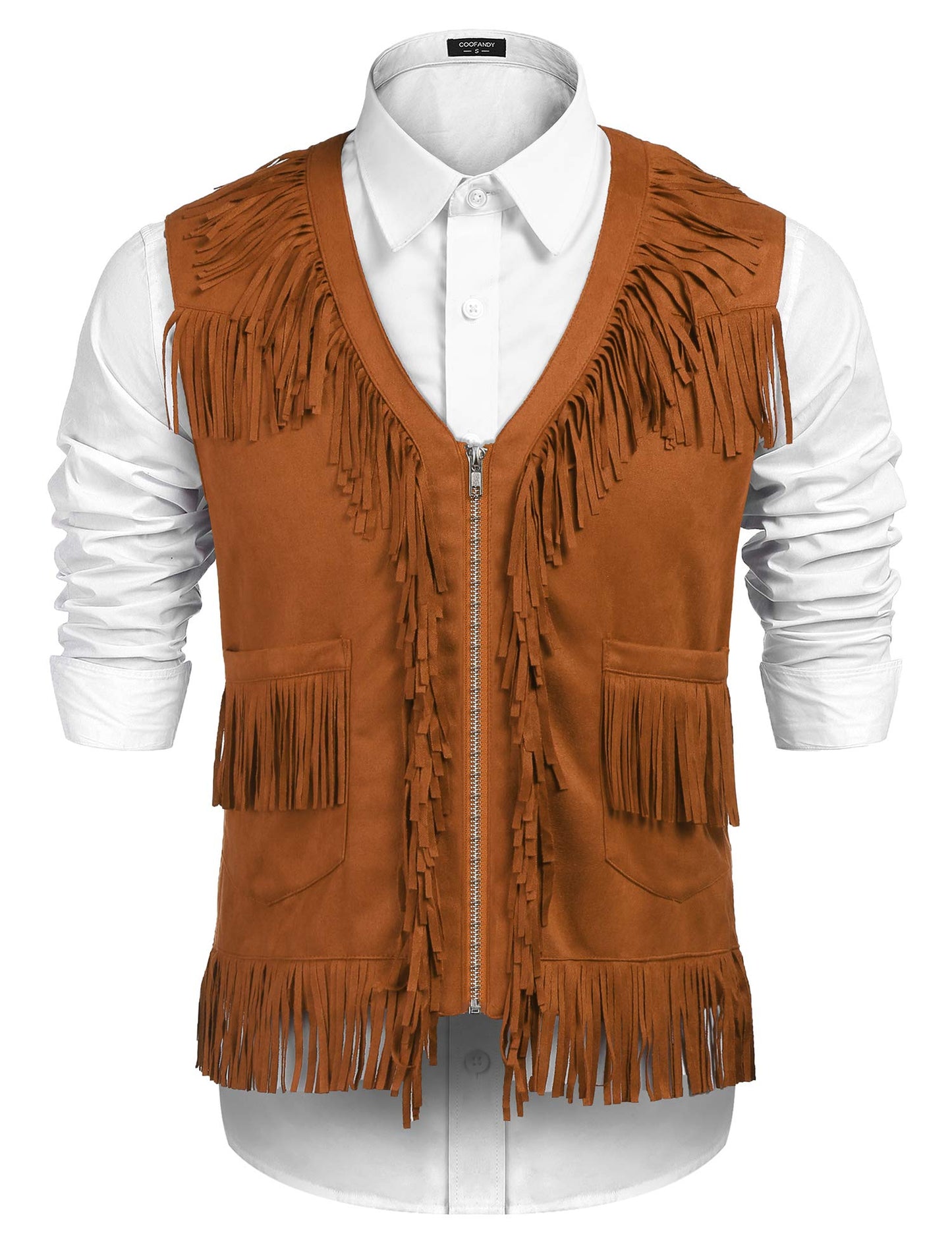 COOFANDY Men's Rodeo Vest Western Cowboy Vest Casual Fringe Hippie Costume V Neck Zipper Suede Leather Waistcoat