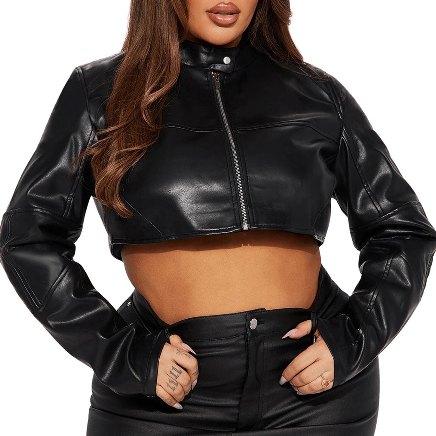 Charyeah Women's Fashion Faux Leather Jacket Crop Short Cropped PU Slim Zip Up Moto Biker Coat Motorcycle Jackets Coat (US, Alpha, Large, Regular, Regular, Black)