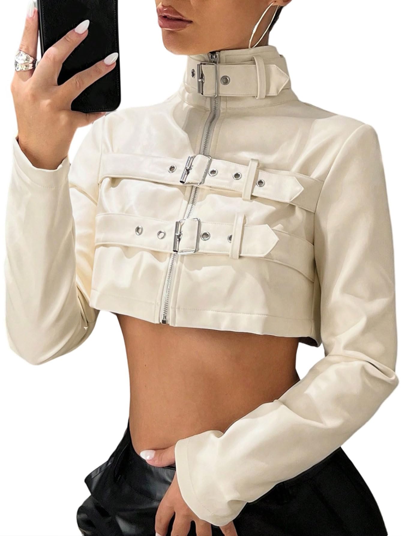 winkbay Women's Zip Up Cropped Motorcycle Jacket Y2k Leather Bomber Jackets Streetwear Beige Medium