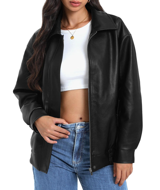 Casly Lamiit Womens Faux Leather Jacket Oversized Motorcycle Bomber Coat Winter Biker Black Jackets 2025 Trendy Street Clothes Black S