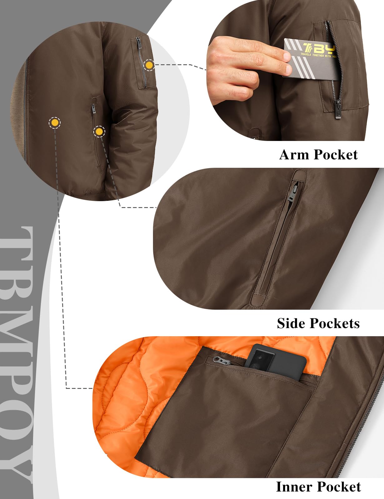 TBMPOY Men's Winter Bomber Jacket Warm Fall Casual Flight Windbreaker Padded Coats Full Zip Stylish Varsity Coffee L