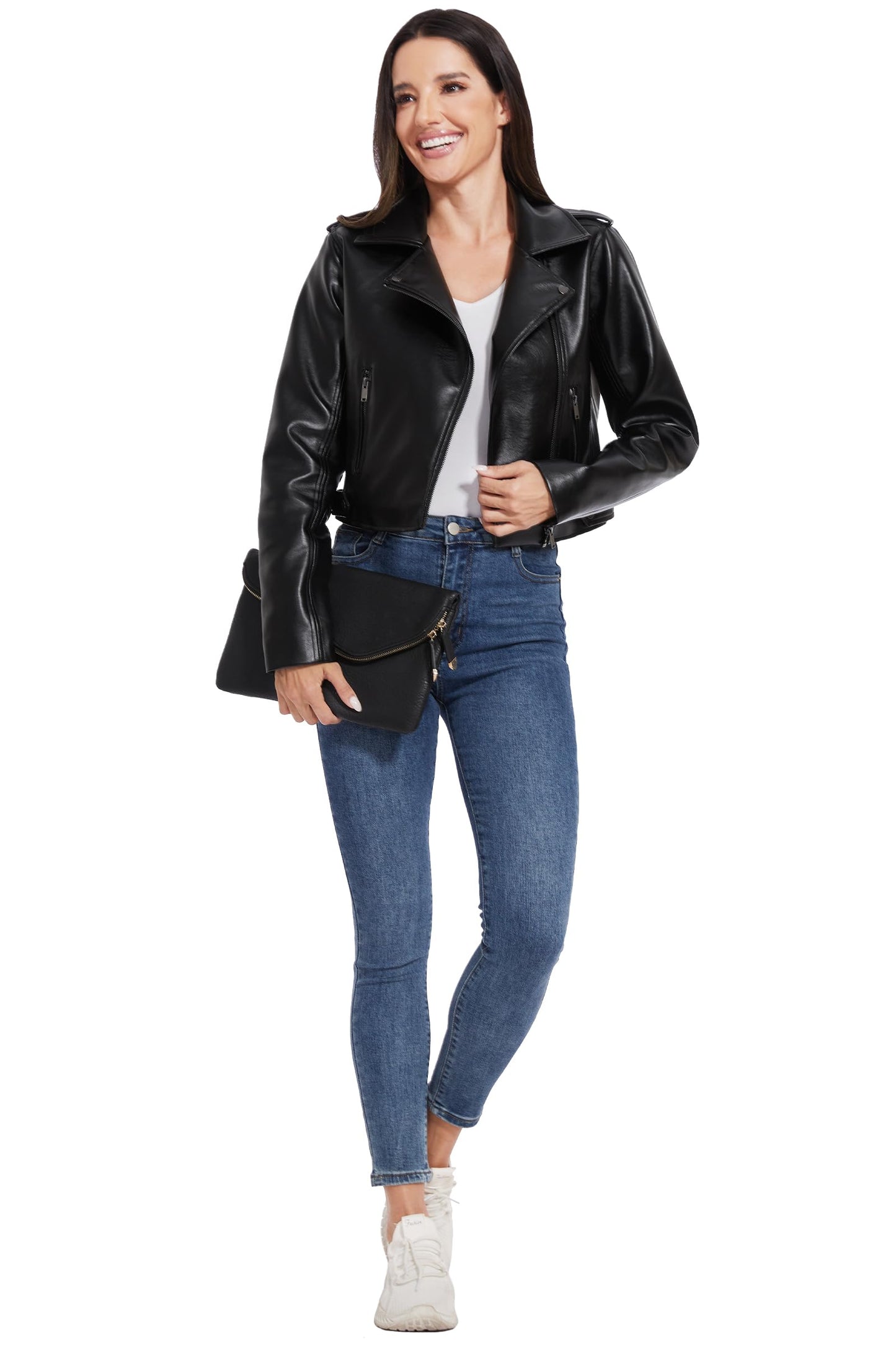 Fahsyee Faux Leather Jacket Women - Black Bomber Motorcycle Cropped Coat Moto Biker Blazer Casual Pleather Jackets Fashion L