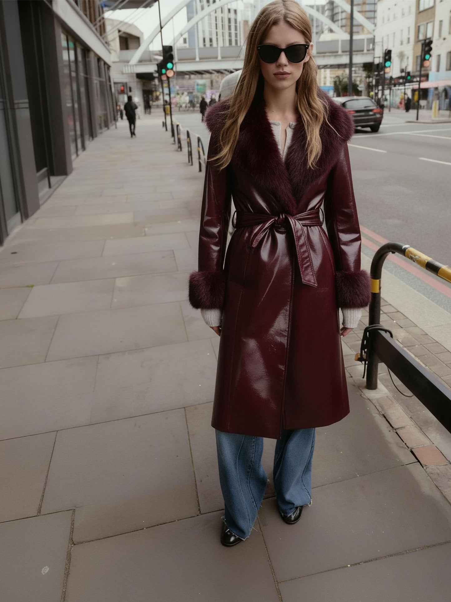 SS-Sunrise Fashion Women's Wine Red Faux Leather Coat with Faux Fur Collar, Long Sleeve Warm Winter Furry Trim Parka Coat with Belt (Medium)