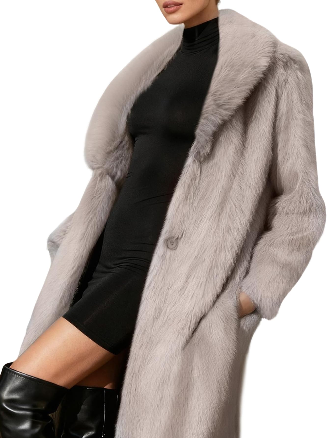 Gudasuo Faux Fur Jacket Women Zip Up Cropped Fur Coats Long Sleeve Open Front Jackets Outwear(0065 KH XL)