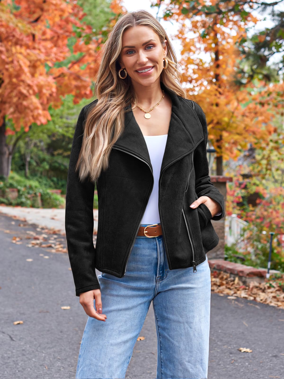 AUTOMET Women's Faux Suede Leather Jacket Cropped Open Front Cardigan Buttery Soft Lightweight Fall Coat Black S