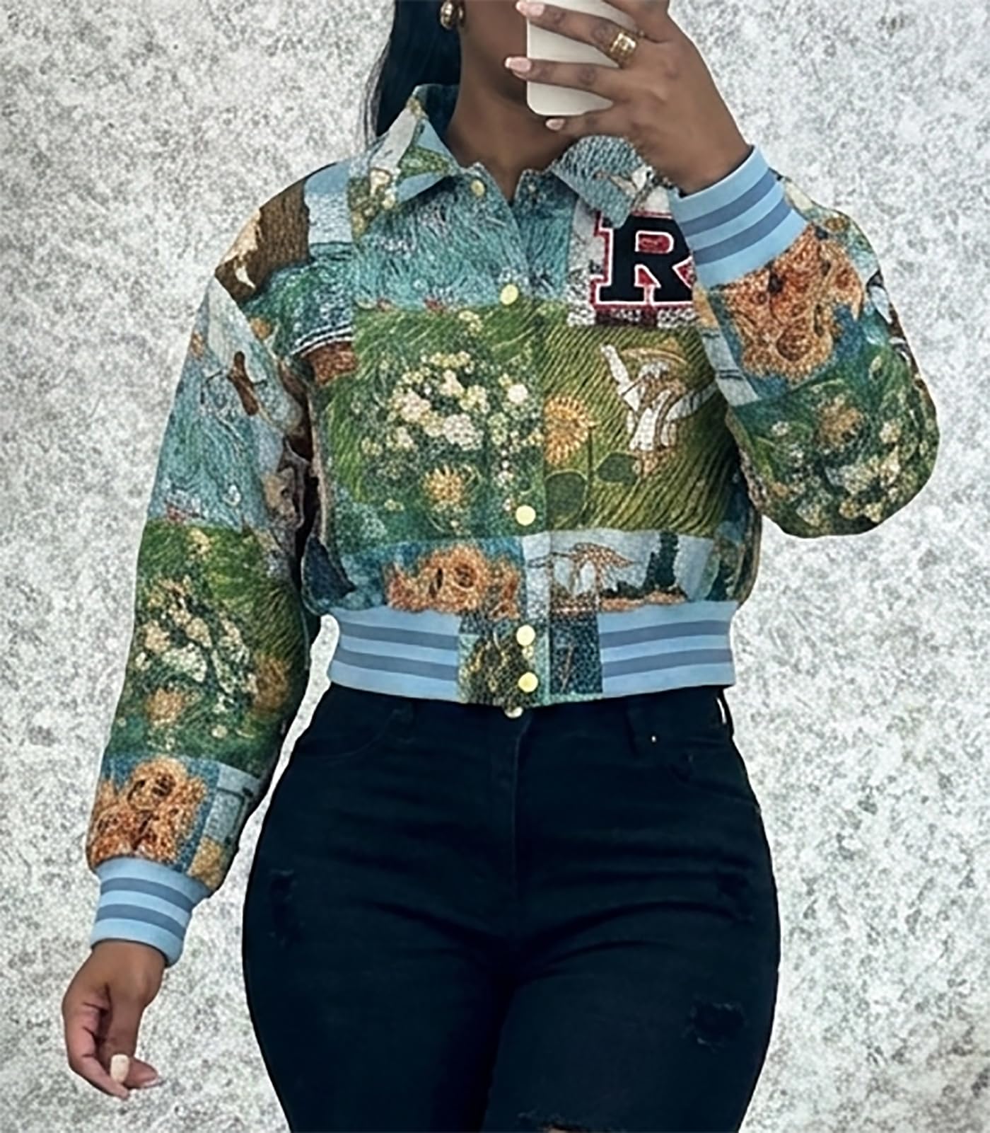 KANSOON Varsity Jacket Women Bomber Textured Floral Cropped Jackets Letterman Snap Buttons Long Sleeves Coats Green XXL