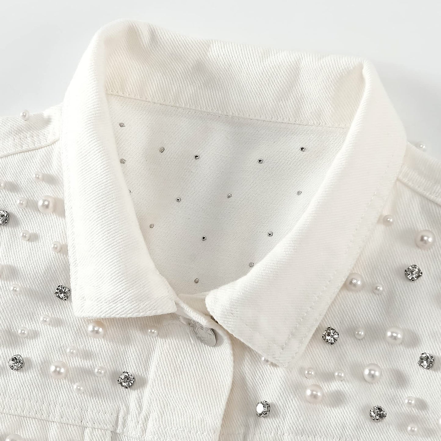 LifeShe Women's Pearls Denim Jacket Cropped Rhinestones Jean Jacket Coat