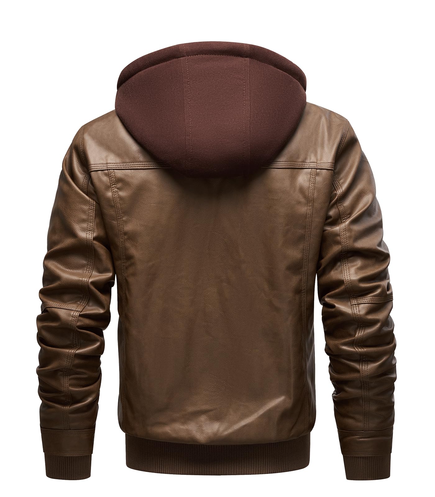 INVACHI Men's Faux Leather Motorcycle Jacket with Removable Hood Windproof Vintage PU Biker Bomber Coat with Fleece Lining