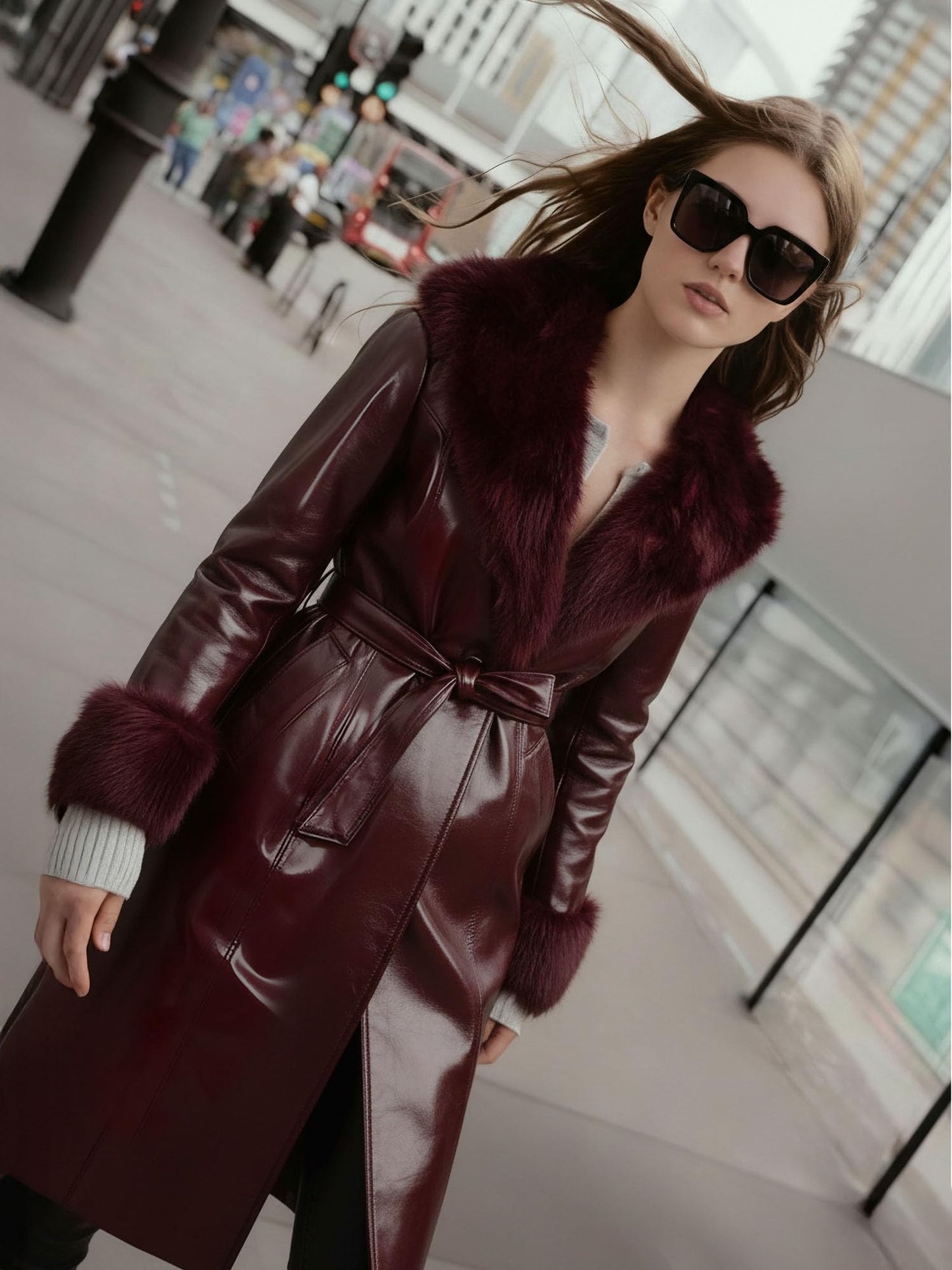 SS-Sunrise Fashion Women's Wine Red Faux Leather Coat with Faux Fur Collar, Long Sleeve Warm Winter Furry Trim Parka Coat with Belt (Small)