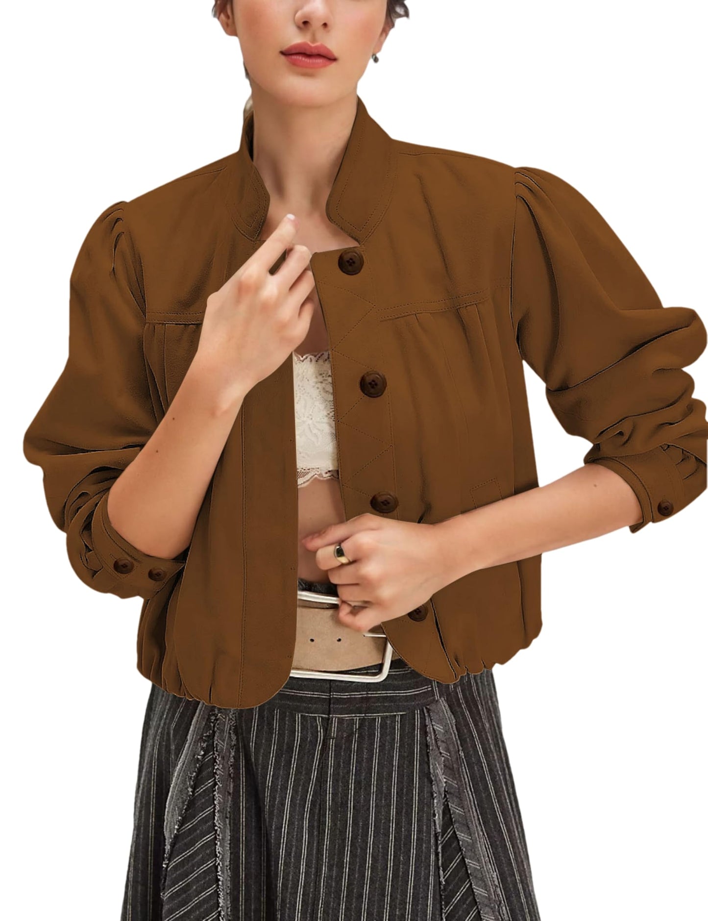 Wanzetaly Women's Faux Suede Jacket Casual Cropped Leather Coat with Pocket Button Bomber Jacket(0615-Brown-S)