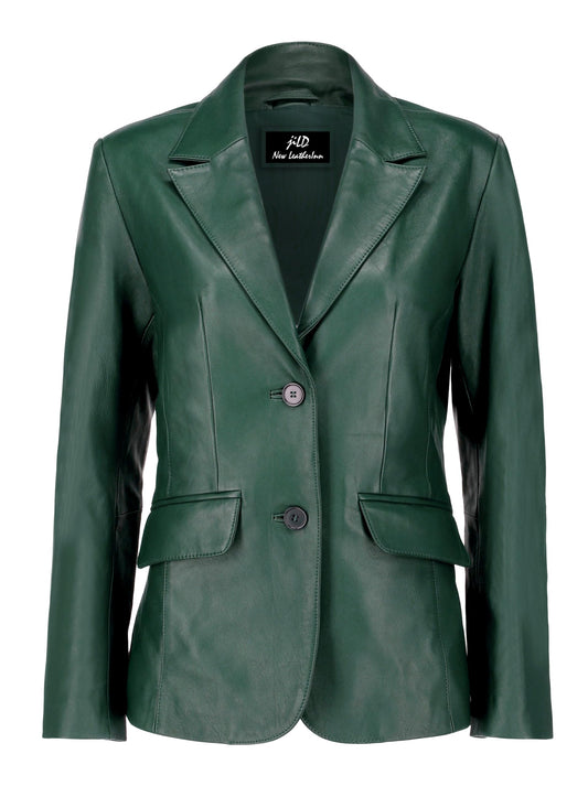 Jild Classic 2-Button Lambskin Leather Blazer Women - Casual Coat Long Sleeves Suit Style Leather Jacket Women (LC-GREEN-L)