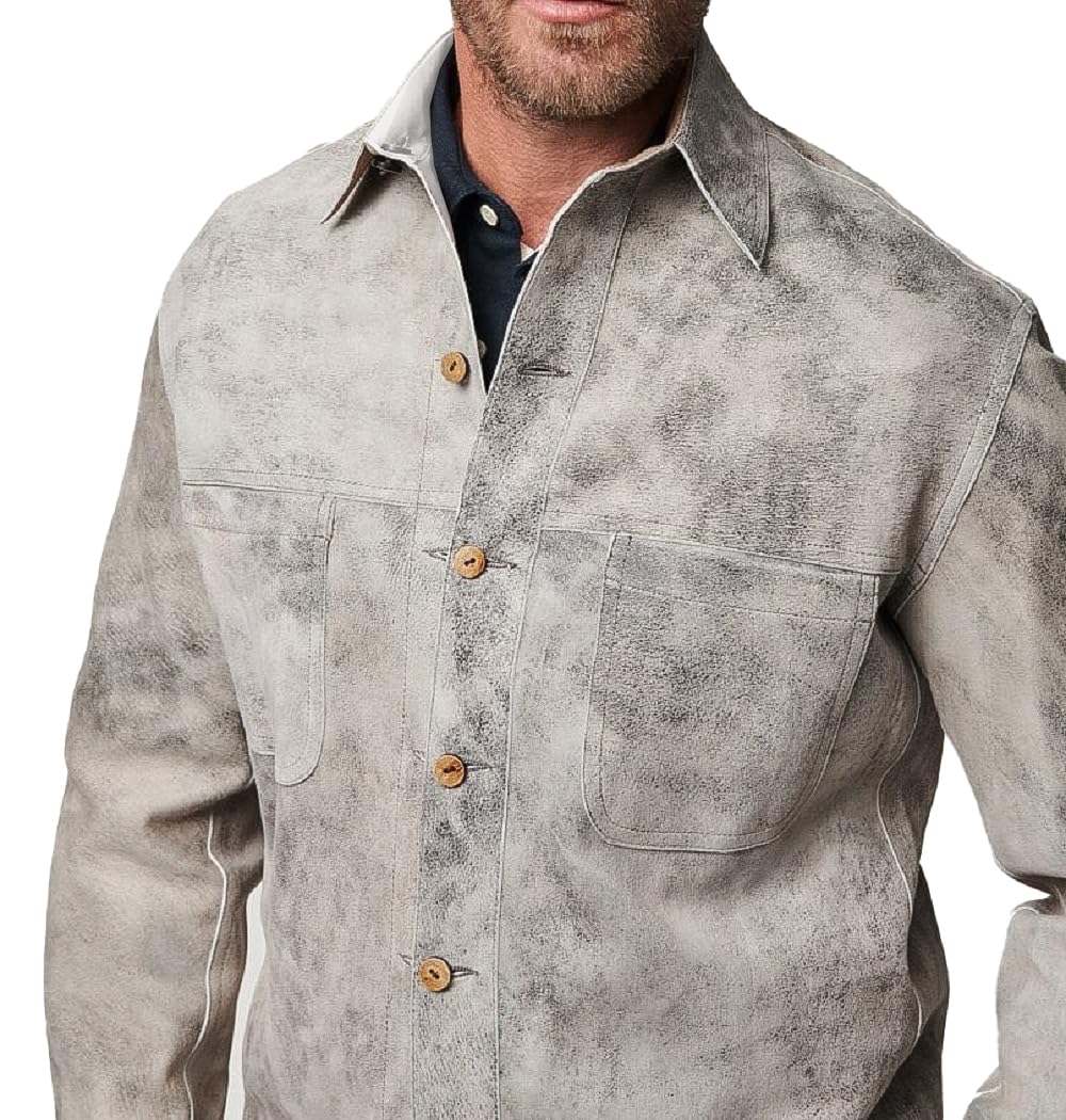 Isaac & David Chicago Mens Long Sleeve Suede Shirts Button Down Shacket Suede Trucker Jacket Real Suede Leather Shirt (as1, alpha, l, regular, regular, Distressed Grey Suede Leather Shirt)