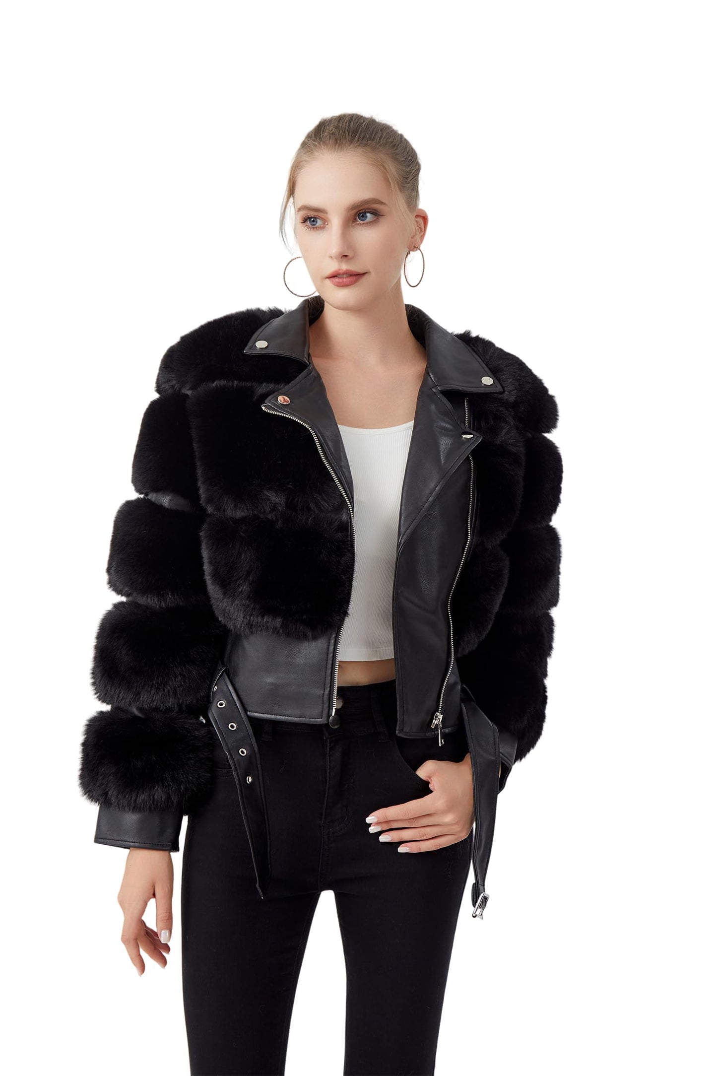 GRAN ORIENTE Women's Moto Style Cropped Faux Fur Jacket,Faux Leather Belted Biker Coat,Zip Up Plush Winter Outerwear (GK098A Black, M)