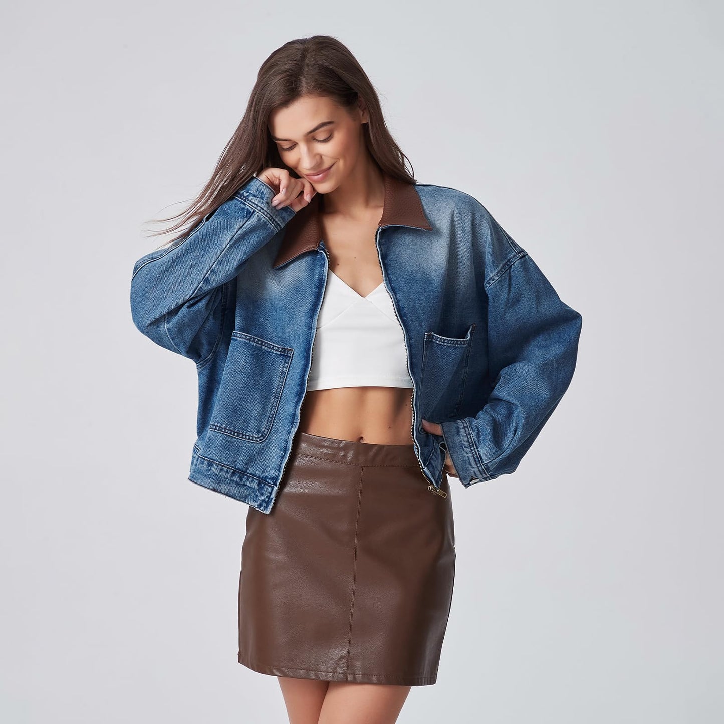 D-Sun Women's Denim Jackets Fake Leather Collar Long Sleeve Zipper Cropped Jean Jacket Denim Coat With Pockets