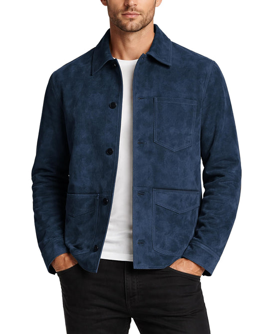 LP-FACON Mens Classic Blue Suede Leather Jacket Shirt Style - Western Trucker Casual Cowboy Suede Leather Jacket 2XL