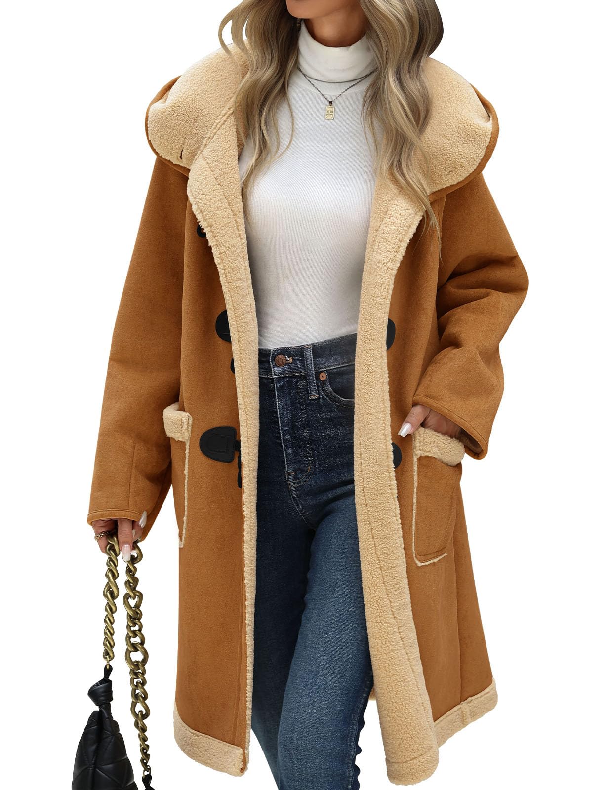 UMIPUBO Women Suede Sherpa Fleece Lined Duffle Faux Leather Coat Mid Length Hooded Toggle Jacket with Pockets, Winter Trendy Warm Outerwear(Dark Khaki,M)