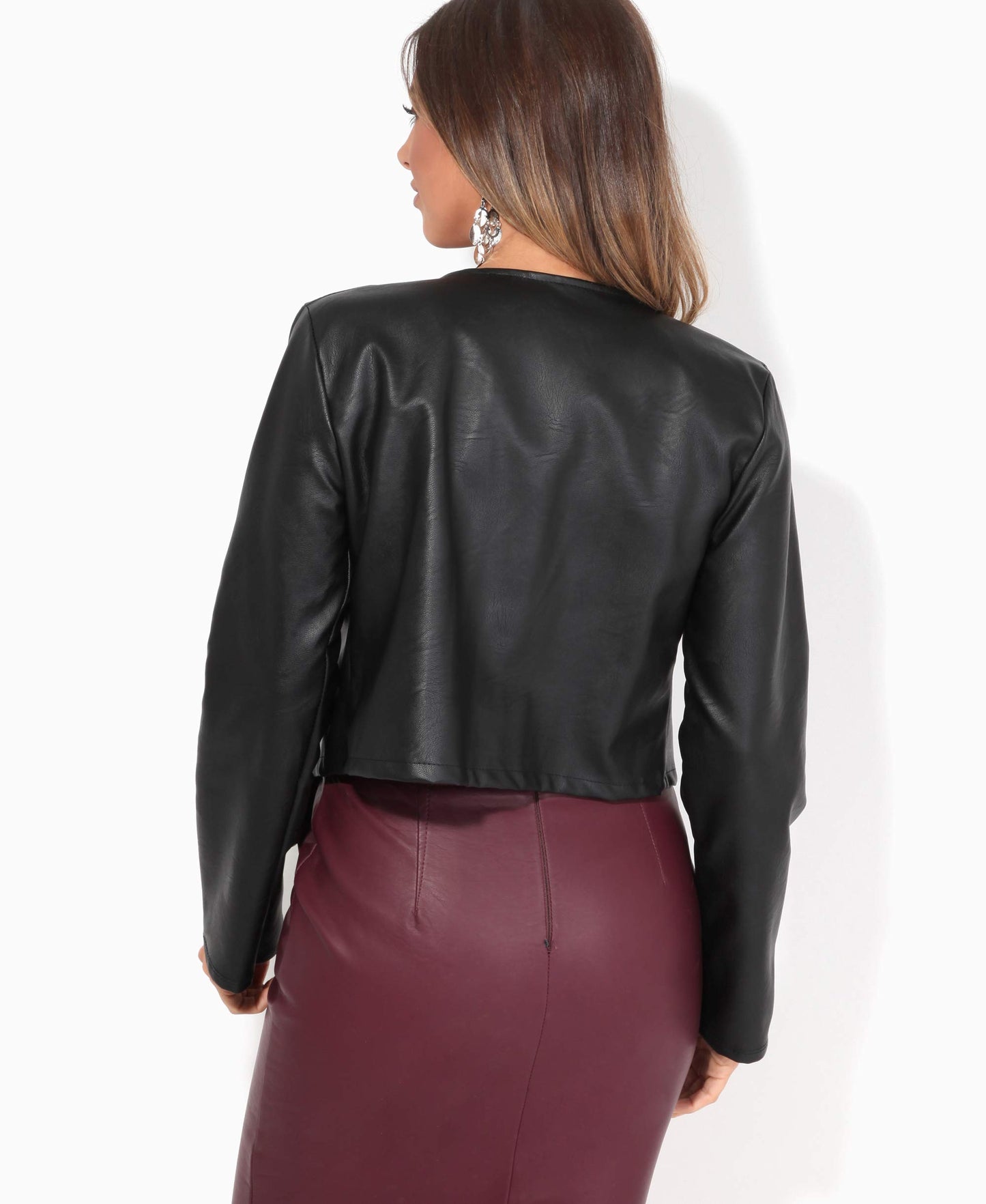 KRISP Women PU Leather Cropped Jacket Long Sleeve Bolero[4432-BLK-XS] Black, X-Small