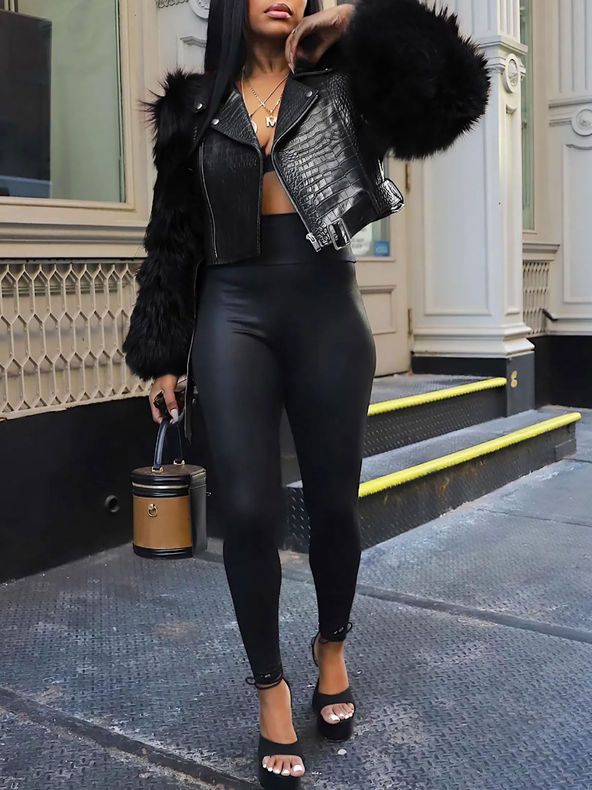Akmipoem Leather Jacket Women Cropped PU Moto Coat Faux Fur Sleeve Short Biker Jackets Fall Streetwear with Belt Black XL