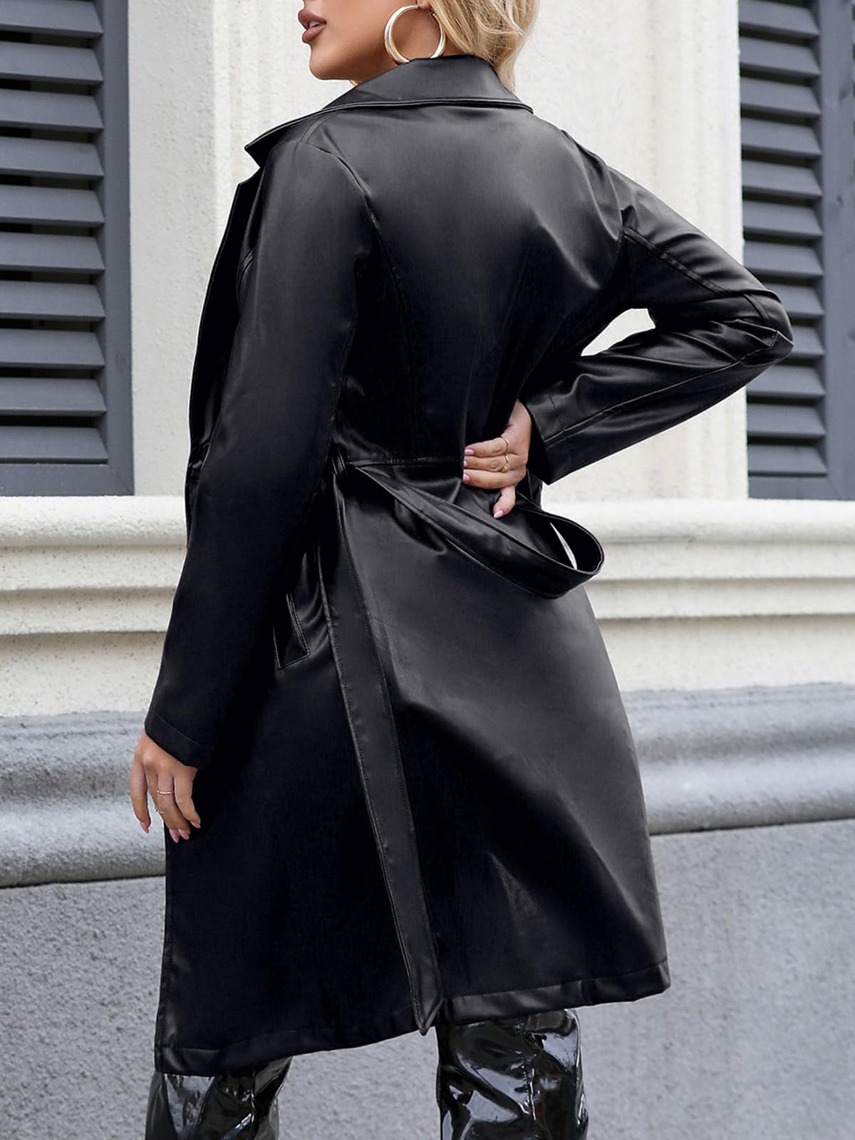 Gudasuo Leather Jacket Women Trench Coat Long Loose Button Jacket Open Front Motorcycle Coat with Belt(0021,B,S)