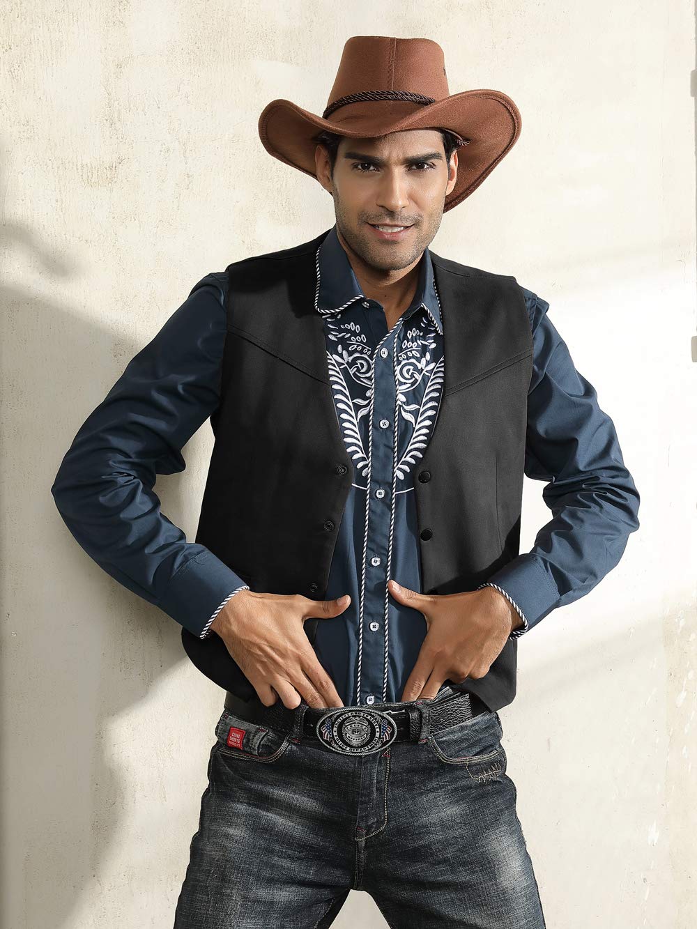 PJ PAUL JONES Men's Suede Leather Suit Vests Slim Fit V-Neck Western Cowboy Vest Jacket Waistcoat for Wedding
