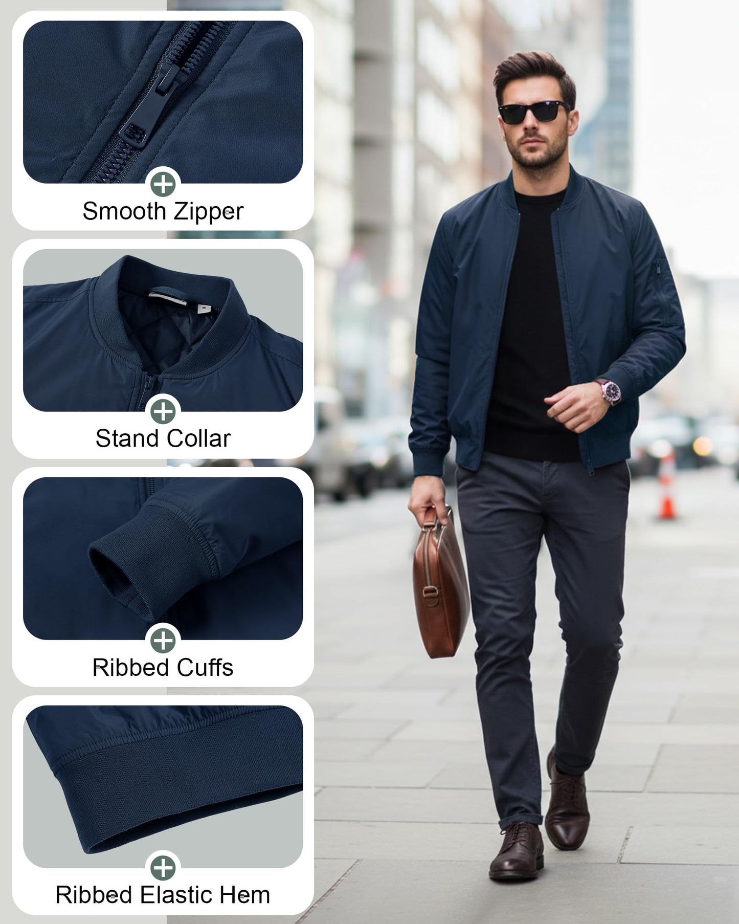 33,000ft Men's Bomber Jacket Waterproof Zip Up Windbreaker Quilted Padded Lightweight Warm Casual Spring Fall Winter Coat