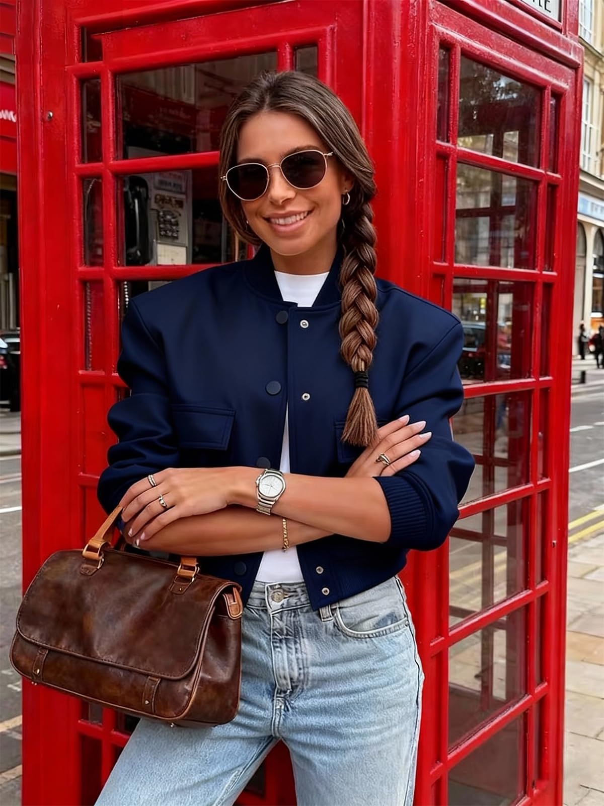 imbpceu Women Crop Bomber Jacket Button Down Varsity Jacket Navy Blue S