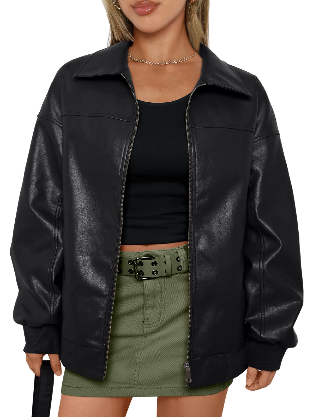AUTOMET Womens Oversized Leather Jackets Zip Up Coats Faux Motorcycle Bomber Outfits Fall Trendy Fashion Winter Clothes 2026 Black S