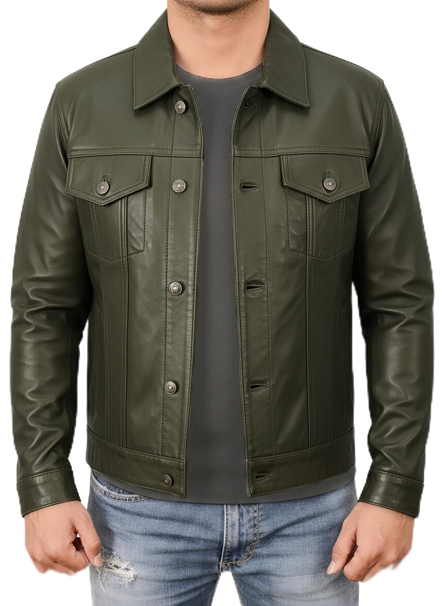 STOREJEES Trucker Jacket Men - Green Leather Jacket | Trucker Green - L
