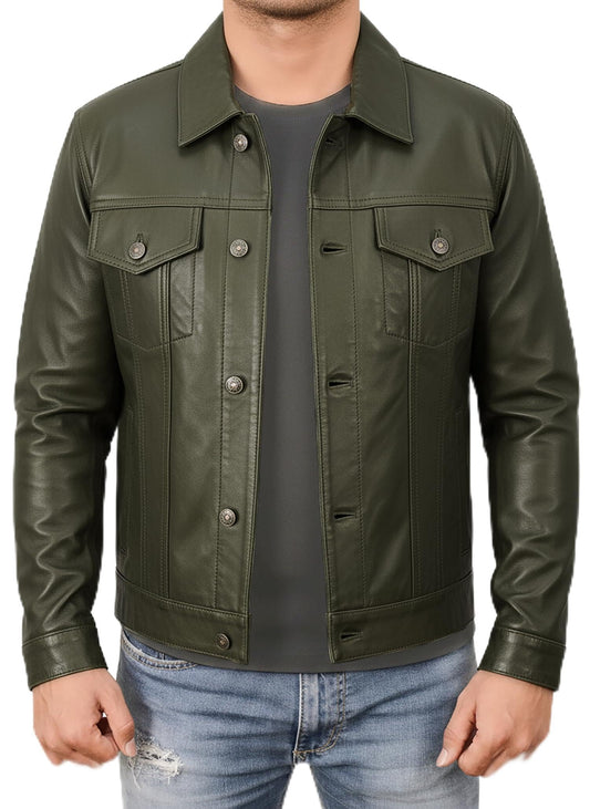 STOREJEES Trucker Jacket Men - Green Leather Jacket | Trucker Green - L