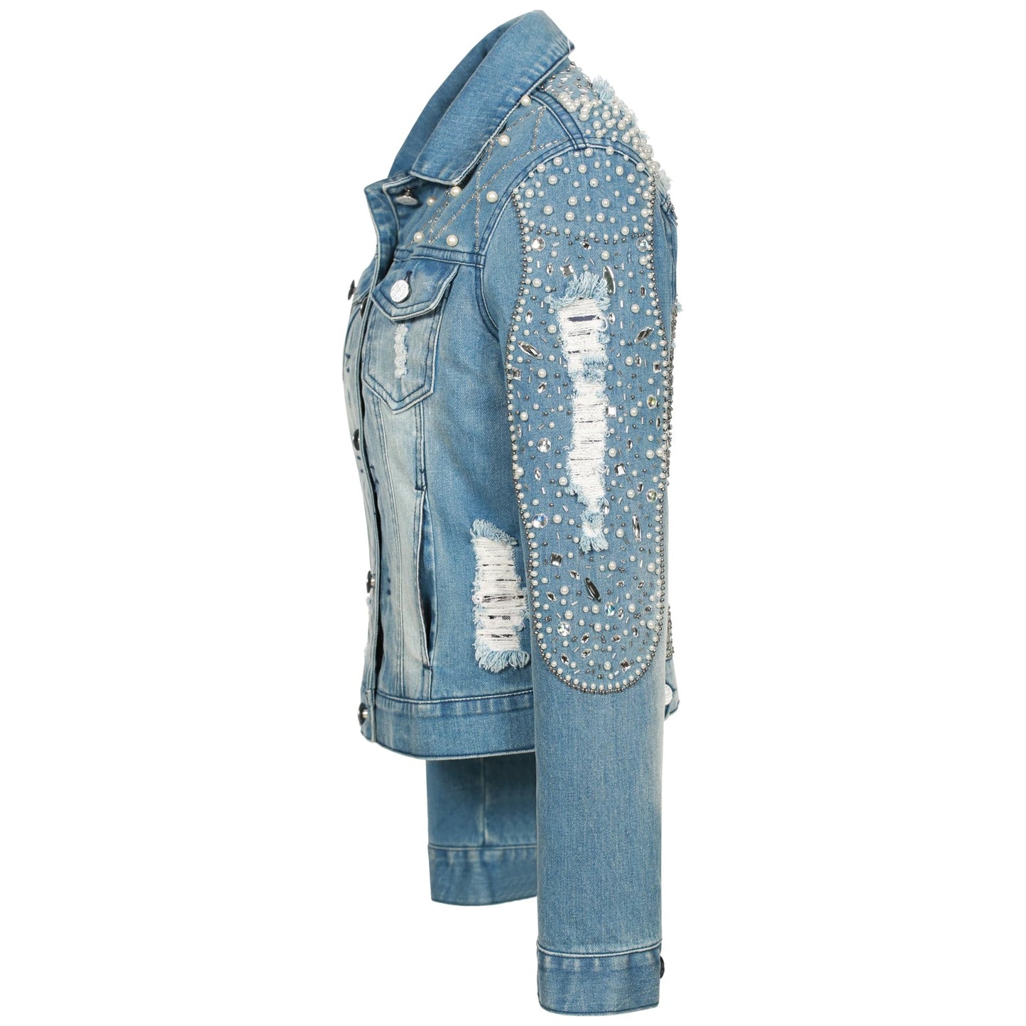 Fashion SX Women's pearl denim jacket, handmade beaded short bridal sequin jacket, motorcycle bicycle jacket(XL-Blue)