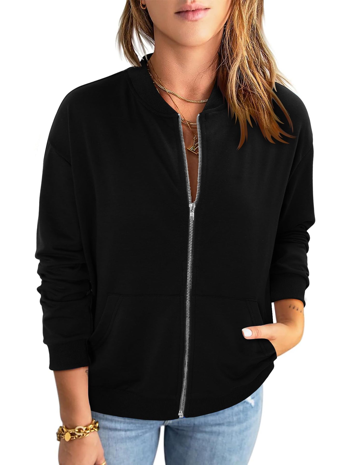 CRAZY GRID Women's Bomber Black Jacket Casual Quilted Lined Coat Zip Up Winter Fall Windbreaker Fashion Outerwear with Pockets Black Large