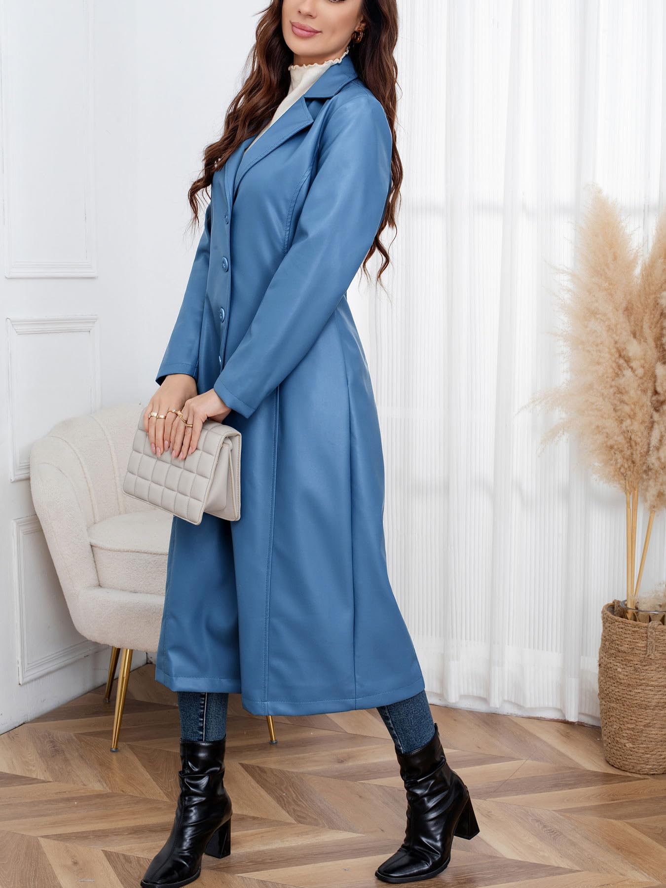 utcoco Womens Faux Leather Trench Coat Classic Lapel Button Down Maxi Jacket 2025 Stylish Overcoat (Large, Blue)