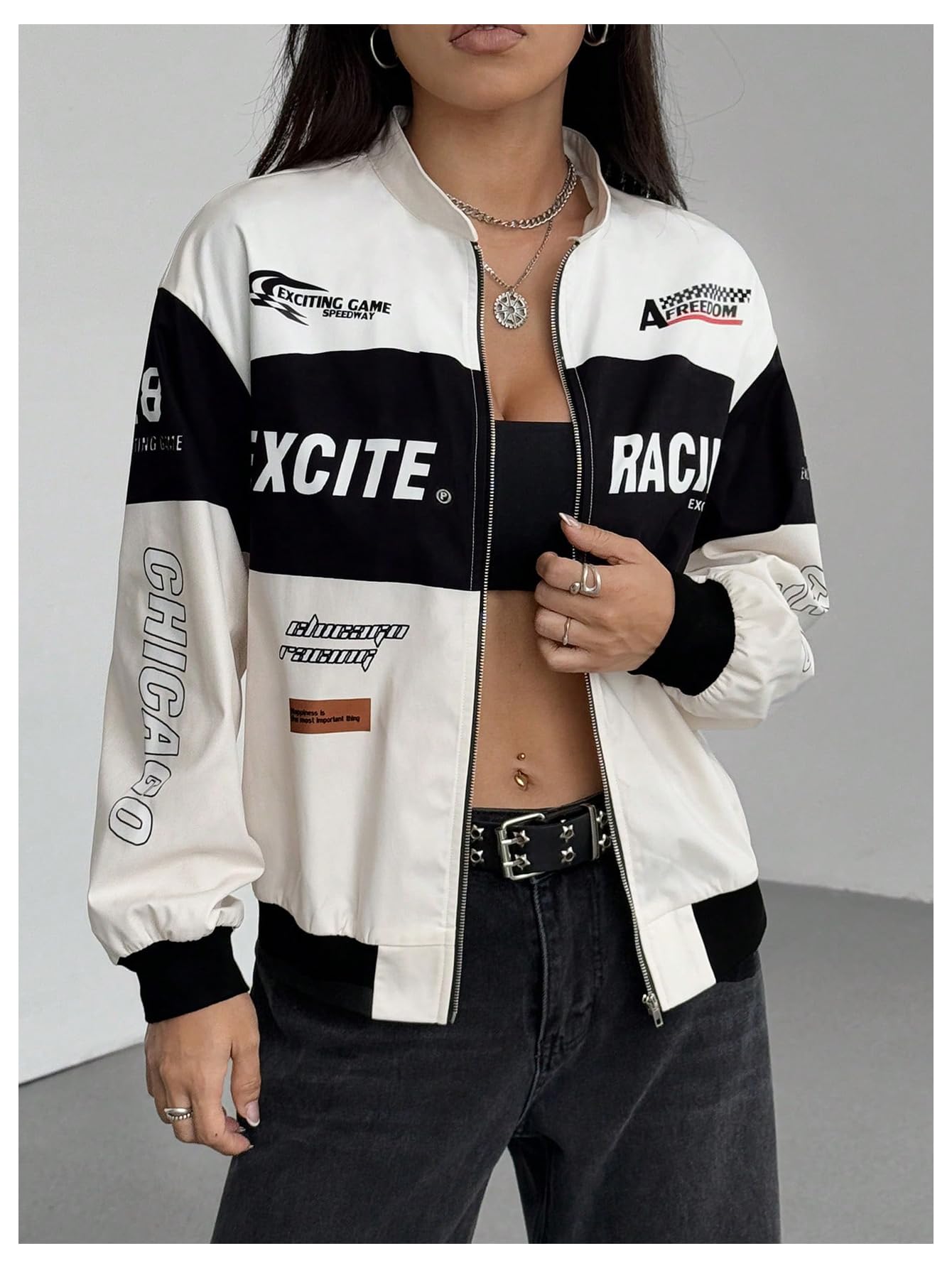 GORGLITTER Women's Race Car F1 Motorcycle Jacket Y2k Racing Outfits